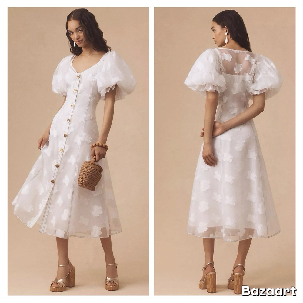 NWT Anthropologie x  Let Me Be Puff-Sleeve Sheer Midi Dress Sz XS